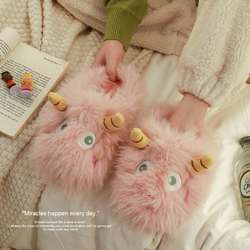 毛毛加绒小怪兽棉拖鞋女士秋冬季