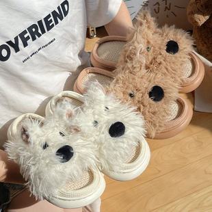 拖鞋 家用四季 亚麻情侣潦草小狗西高地可爱室内女春秋棉麻男士 新款