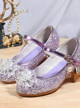 女童皮鞋高跟小女孩表演水晶鞋子礼服软底演出夏季公主儿童鞋紫色