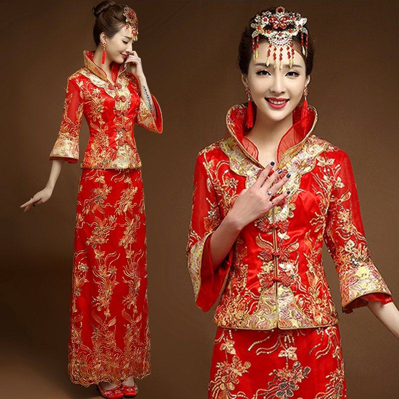 新款复古新娘中式婚礼结婚敬酒服红色长款旗袍婚纱礼服女秀禾服