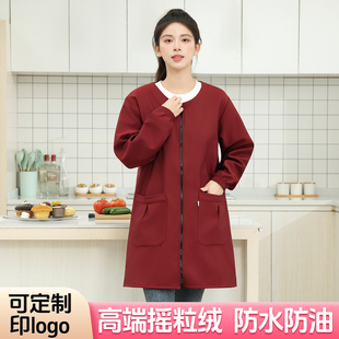 罩衣女加绒长袖圆领厨房围裙秋冬款大褂年轻款防水防油家用工作服