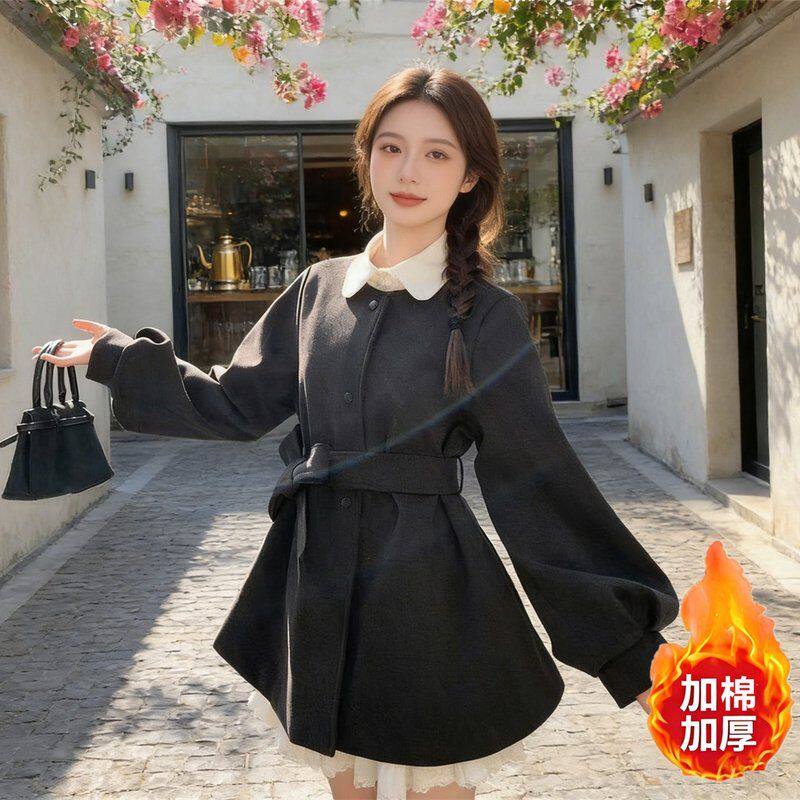 呢子大衣女秋冬加棉加厚小个子百搭灯笼袖大码宽松系带毛呢外套女