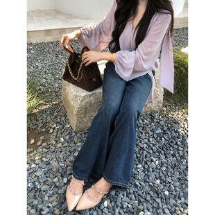 李潇洒【雅痞girl】微胖大码秋季复古蓝调双色宽松A字阔腿牛仔裤