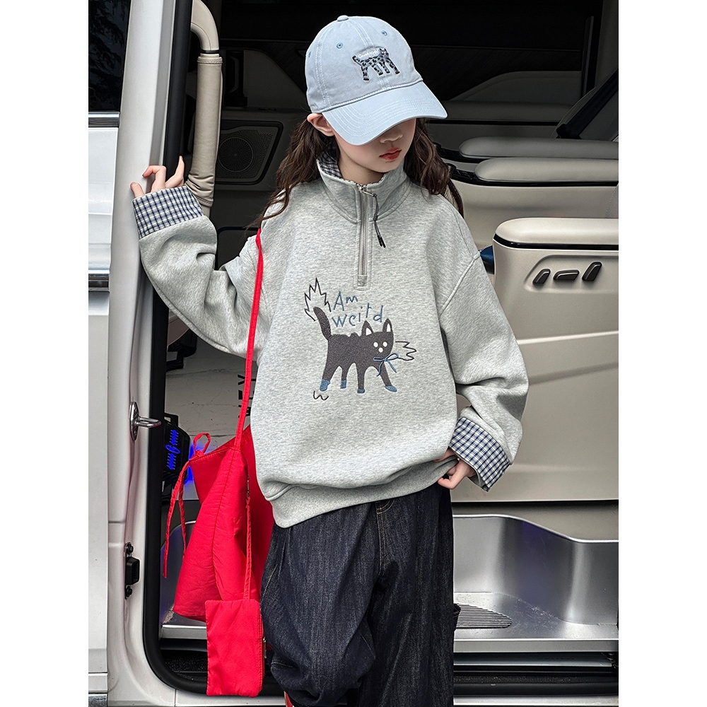 韩国女童装猫咪一体绒半拉链卫衣秋冬季女孩时尚休闲格子立领上衣
