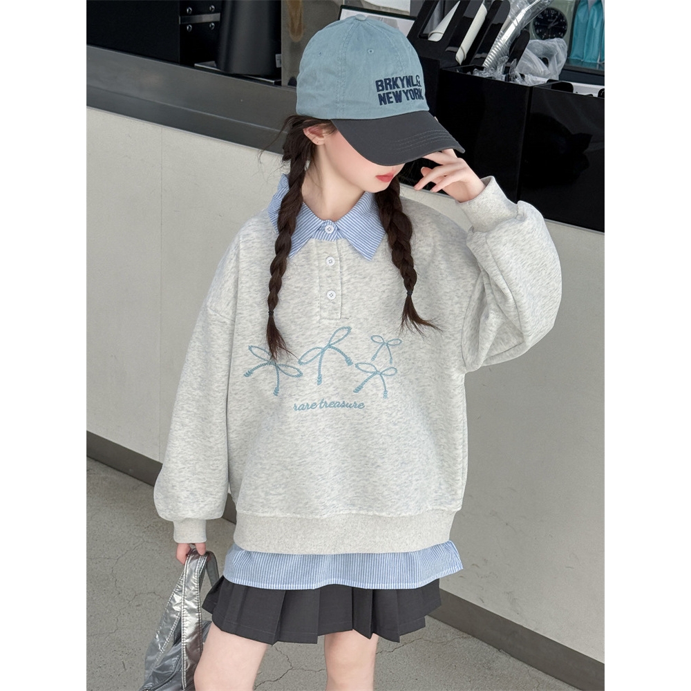 女童卫衣秋冬款2025新款洋气儿童秋装上衣中大童女孩假两件打底衫