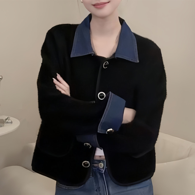 韩系时尚翻领设计感气质百搭显瘦针织开衫潮牌牛仔拼接小香风外套