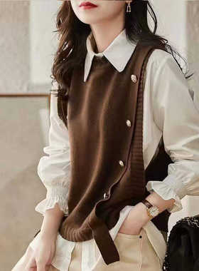 秋冬新款跨境外穿小坎肩叠穿毛衣背心灰色马夹欧货针织衫马甲女