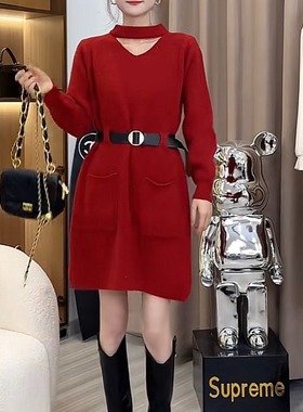 2025新款法式复古显瘦内搭中长款毛衣裙红色针织打底连衣裙女秋冬