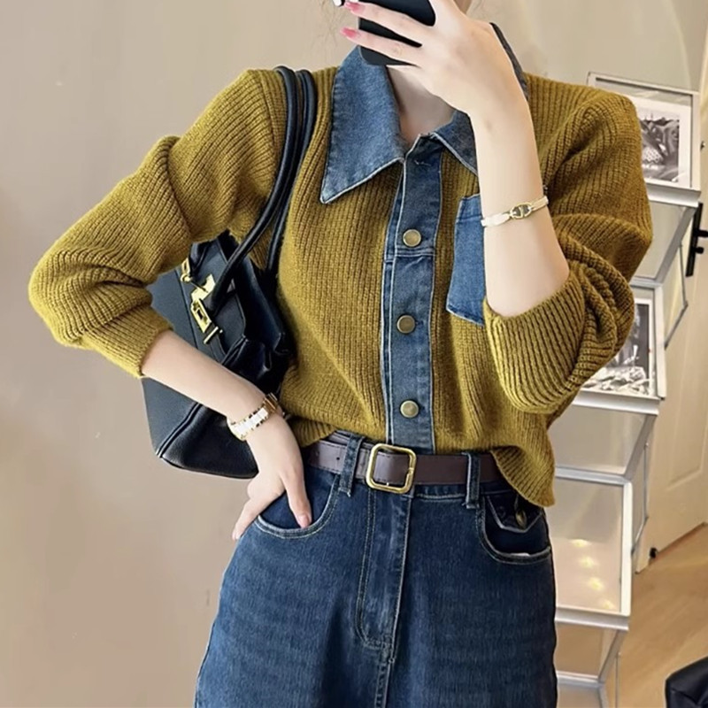 秋冬新款潮小香风牛仔拼接Polo领毛衣女时尚百搭显瘦长袖针织上衣