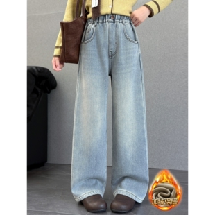 女童加绒裤子秋冬2025新款冬装女孩学生冬季一体绒儿童窄版牛仔裤