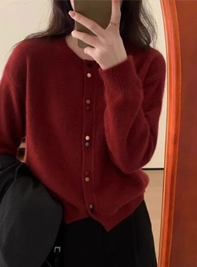 韩系红色圆领彩色扣子开衫外套女2025早春新款设计感减龄针织上衣