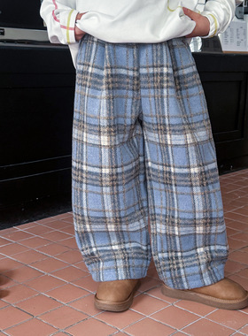 顽兔2025男童冬款洋气蓝色格子中大童呢子裤宽松加绒加厚儿童裤子