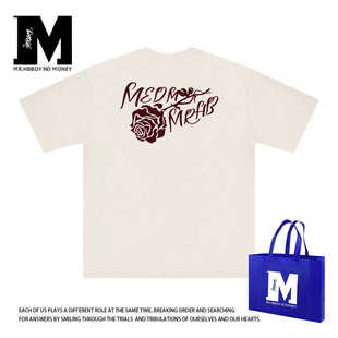 MEDM MRHB复古玫瑰印花重磅纯棉短袖国潮圆领oversize情侣T恤花朵