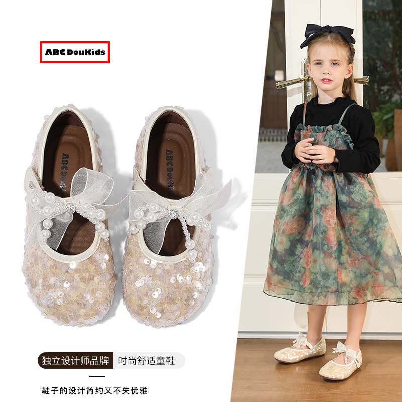 儿童亮片小皮鞋女孩珍珠软底单鞋