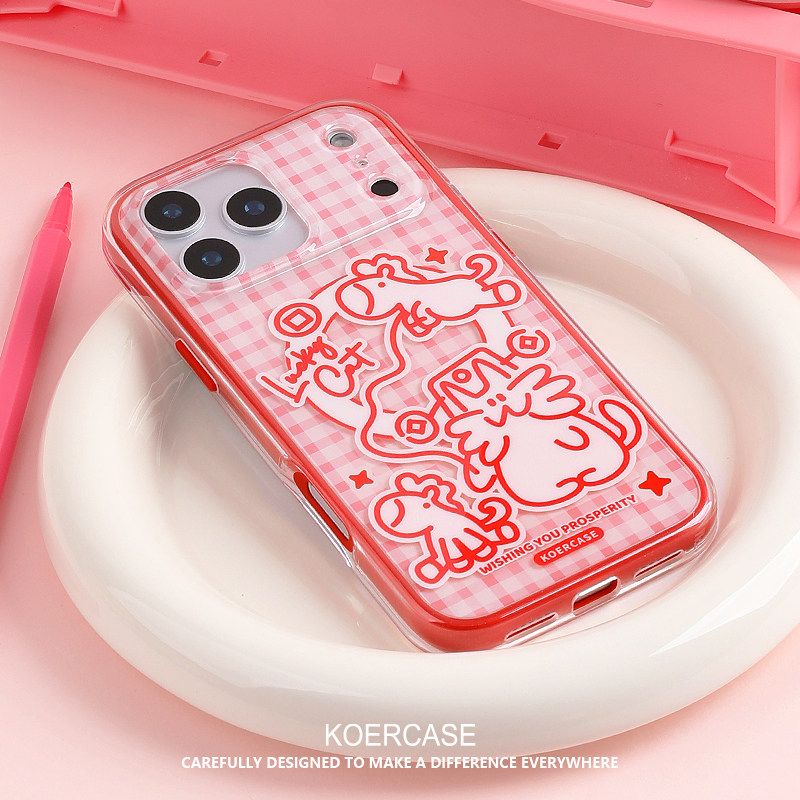 KOERCASE 招财猫咪牛马粉白格子2026新年手机壳磁吸卡通插画原创意涂鸦小众适用苹果16iPhone15ProMax17Pro