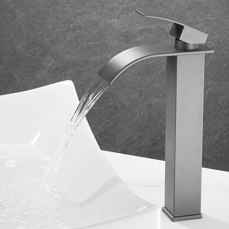 枪灰色不锈钢瀑布冷热水龙头洗手间浴室卫生间洗脸池台上盆加高,家装主材,面盆龙头,淘宝优惠券,粉丝福利购,淘宝优惠卷
