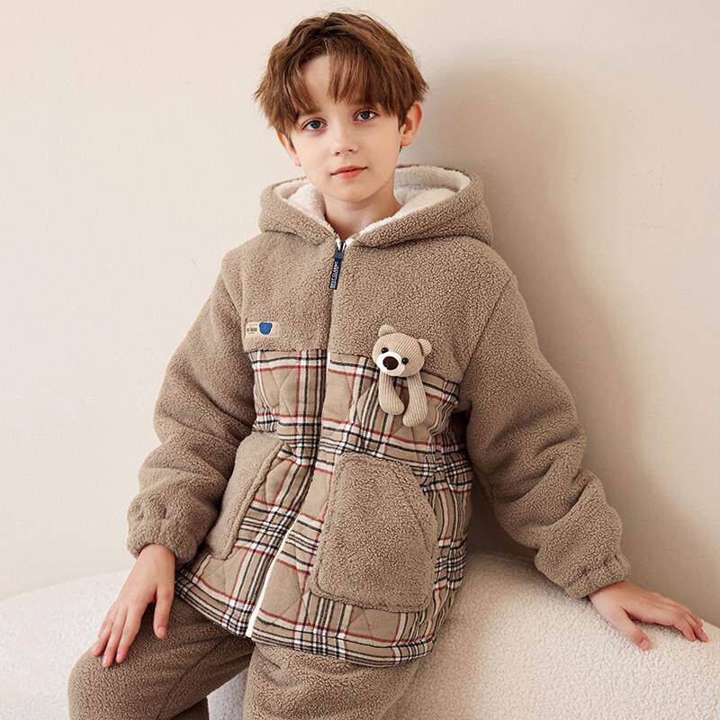 男童睡衣秋冬季珊瑚绒三层夹棉冬款儿童男孩中大童家居服2024新款