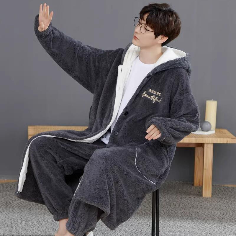 睡衣男款冬季加绒加厚珊瑚绒睡袍男加肥加大特大码300斤长袍男士