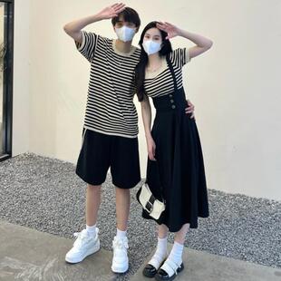 情侣装夏季一裙一衣法式女背带裙黑白短袖t恤小众设计高级感套装