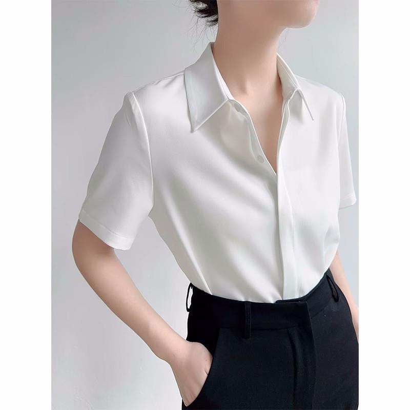 2025夏季新款设计感小众职业醋酸缎面衬衫女短袖面试通勤白色衬衣