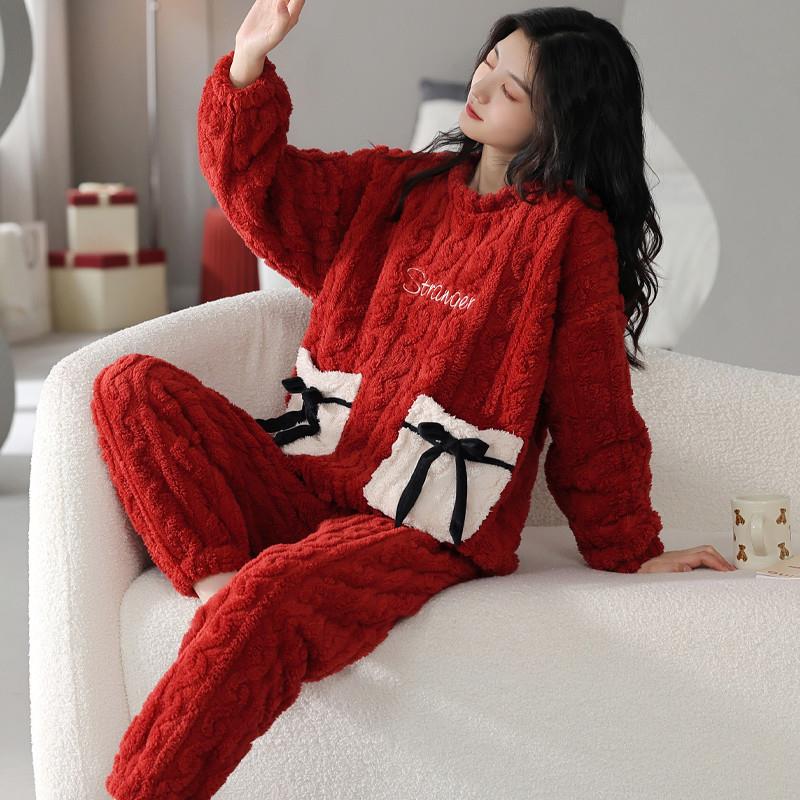 本命年睡衣女秋冬珊瑚绒加厚加绒套装法兰绒大红色结婚喜庆家居服