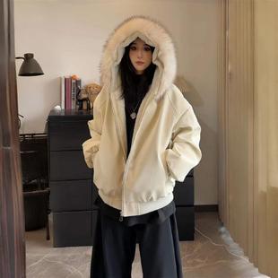 荔枝皮座山雕pu皮仿兔毛绒大毛领棉服2025冬加绒派克服外套潮男女