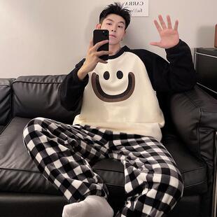 珊瑚绒睡衣男款冬季加绒加厚保暖长袖套装法兰绒笑脸家居服秋冬款