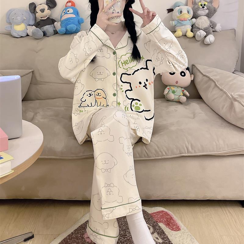 儿童家居服女童纯棉长袖薄款秋季中大童可爱小狗宝宝亲子装睡衣