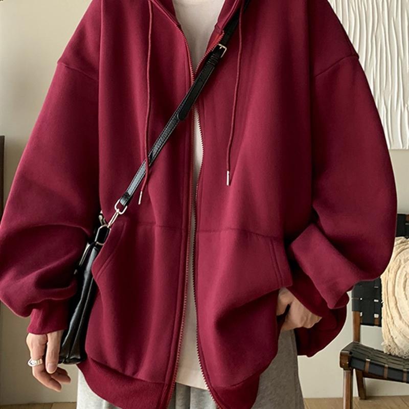 美式覆古重磅100%纯棉开衫拉炼纯色卫衣男秋冬装连帽潮流宽松外套