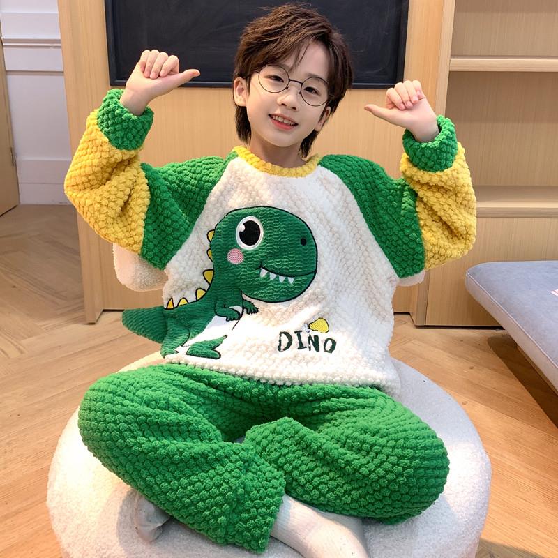 男童睡衣冬季儿童珊瑚绒加厚加绒男孩法兰绒中大童冬天家居服恐龙