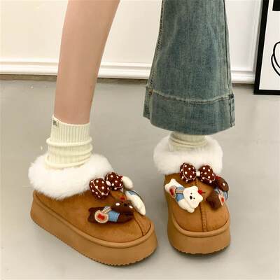 皮毛一体加绒雪地靴女2025冬季新款圆头可爱厚底增高保暖勃肯棉鞋