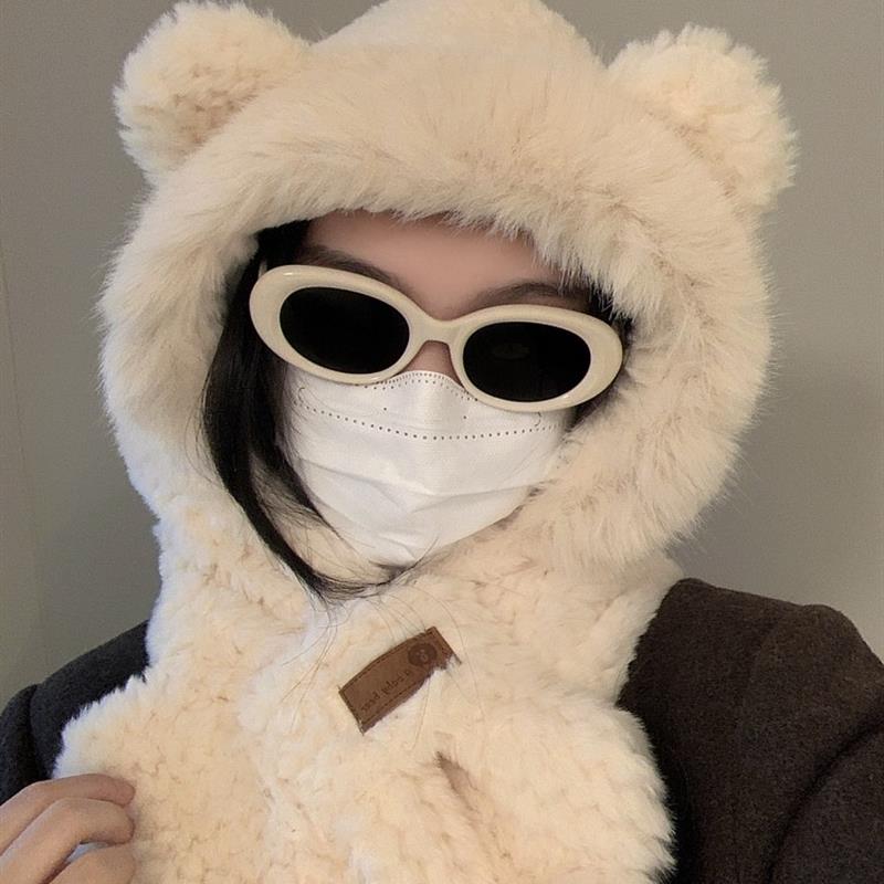 东北新款毛绒帽子围巾一体冬款女可爱学生保暖雷锋帽电动车防寒帽