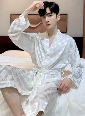 男士春秋款冰丝长袖睡袍夏季薄款真丝大码睡衣男式中长款浴袍浴衣
