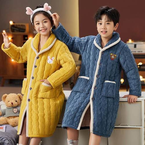 儿童睡袍冬季加绒加厚珊瑚绒女童中大童加长款家居服睡衣男童浴袍