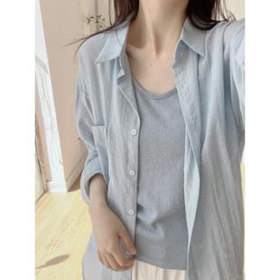 女夏季 长袖 防晒衬衫 高级感衬衣胖MM宽松显瘦上衣 新款 法式 大码 薄款