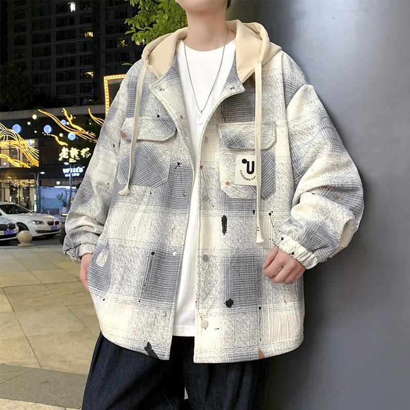 工装格子外套男款春秋季2026新款连帽衣服大童青少年学生帅气夹克图片