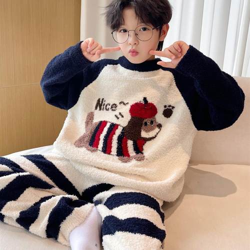 男童秋冬款珊瑚绒睡衣套装2025新款冬季加绒儿童法兰绒拼接家居服