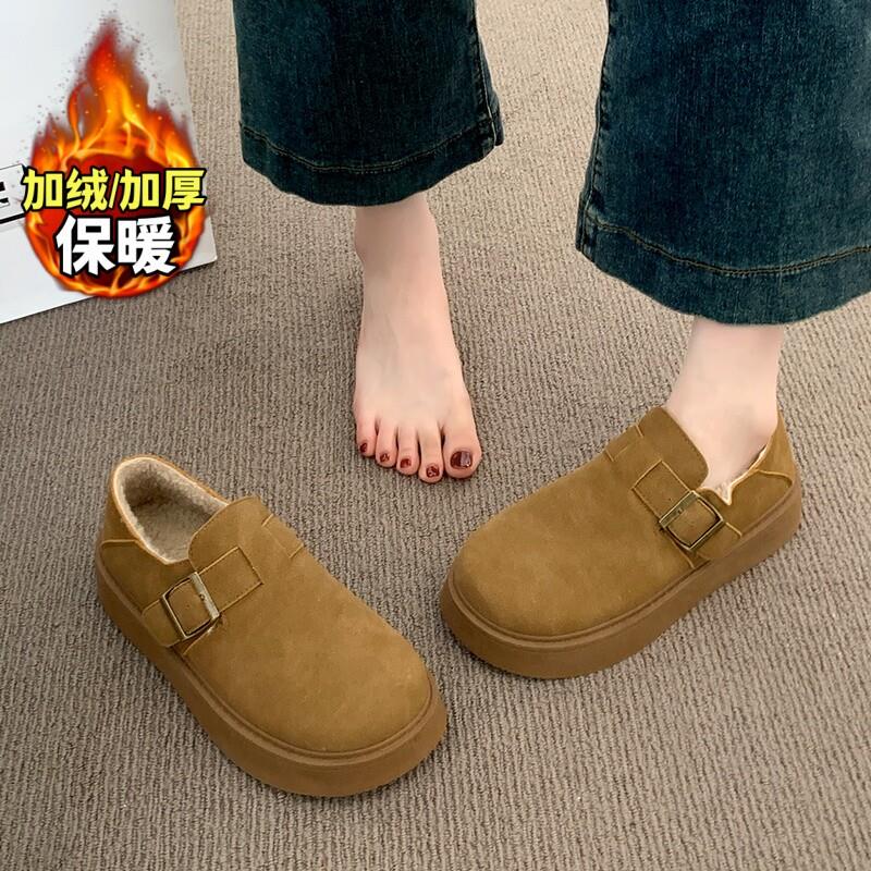 皮毛一体复古勃肯鞋女春季新款增高厚底毛毛鞋34小码加绒保暖棉鞋
