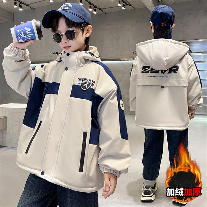 童装男童加绒风衣外套2025新款中大童冬装加厚保暖棉衣派克服潮