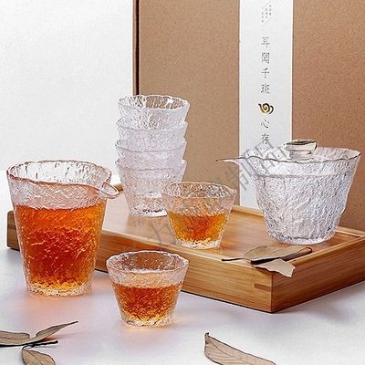 日式锤纹金边冰露盖碗耐热玻璃