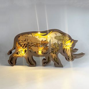 北美森林动物新款犀牛家居装饰木质摆件工艺品创意狼图腾木制雕刻
