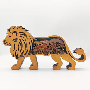 北美森林动物狮子摆件家居装饰木质摆件工艺品创意狮子木制雕刻款