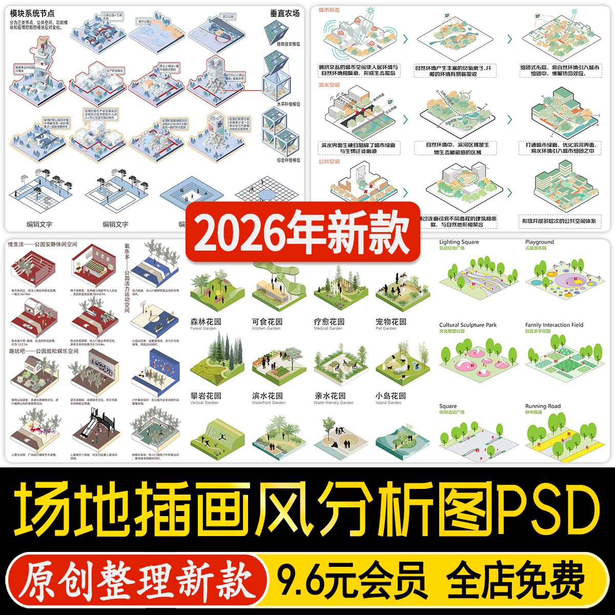 ps源文件 场地分析 小清新插画风 前期分析图景观滨水公园psd分层