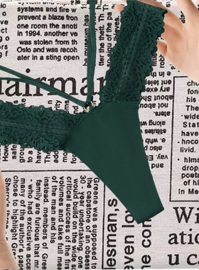 欧美辣妹性感蕾丝丁字裤女低腰无痕细带冰丝内裤绿色纯欲风T裤头