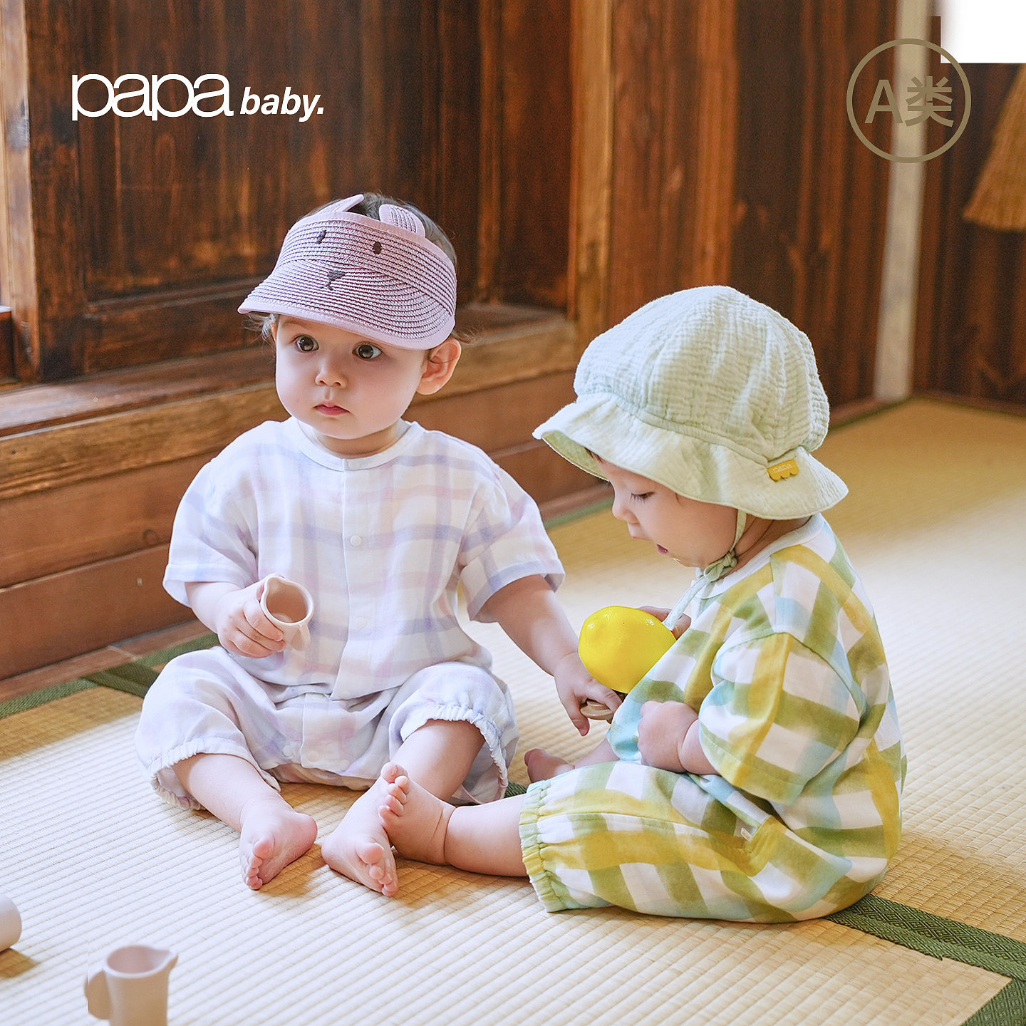 papa夏季竹棉纱布爬服透气轻薄短袖婴儿夏天衣服爬爬母婴连体衣