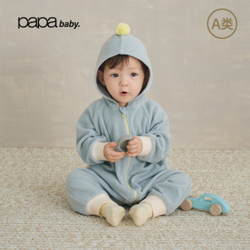 papa秋季摇粒绒带帽婴儿爬服