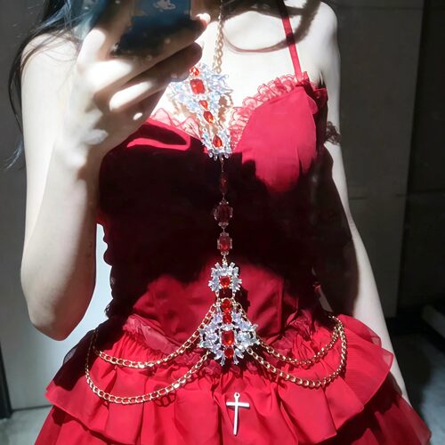重工红宝石身体链钻石链条挂脖项链亚文化lo裙配饰轻奢礼服锁骨链