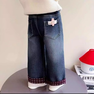 女童软牛仔裤春秋冬装儿童加绒宽松格子边直筒裤松紧腰保暖长裤潮