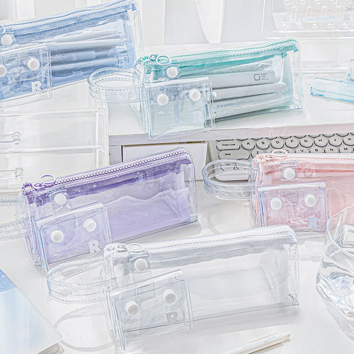 本小姐大容量透明笔袋双层网纱文具袋初中女生简约可拆卸文具盒