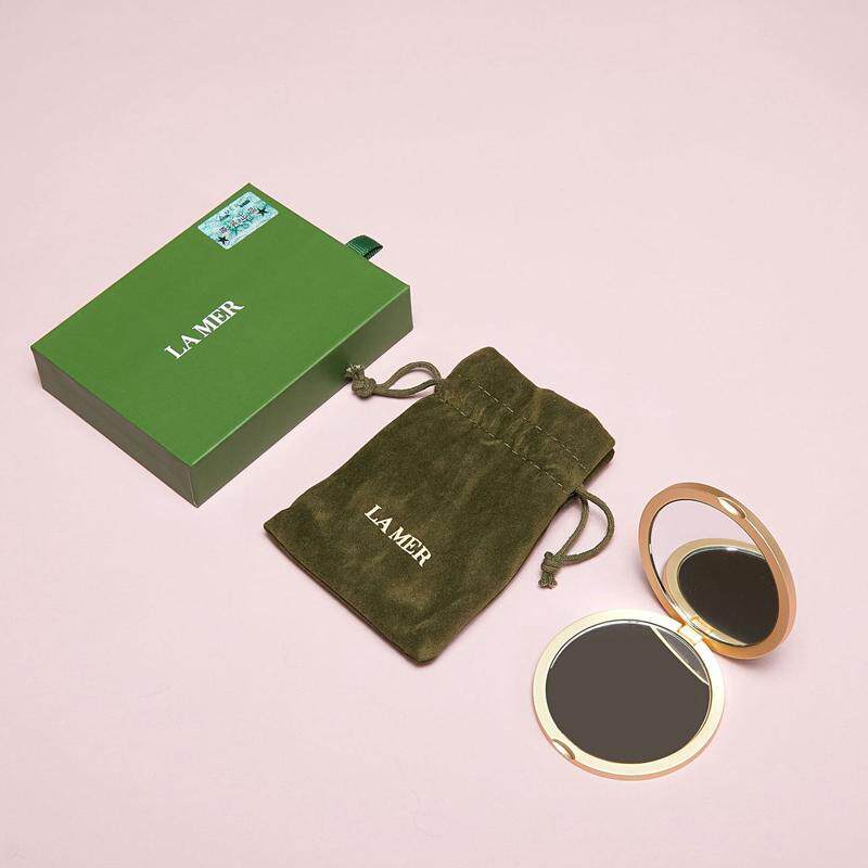 LAMER鎏金色哑光耐磨锌合金双面化妆镜手提可爱小巧送礼精致袋子